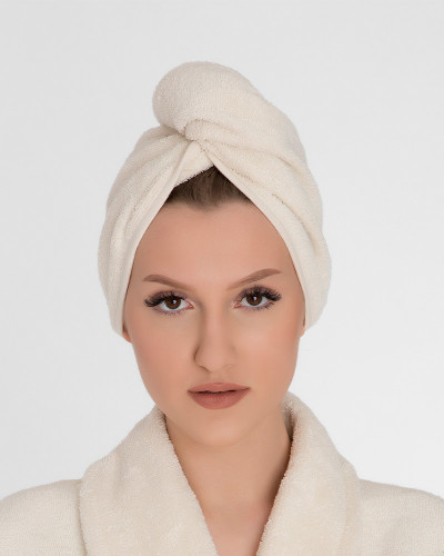 Turban ręcznik do włosów z guziczkiem Natural ecru