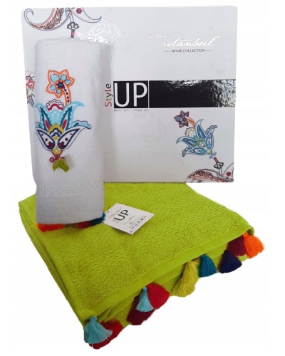 Ręczniki z haftem i pomponami Zestaw prezentowy Style Up Żółty Seledyn
