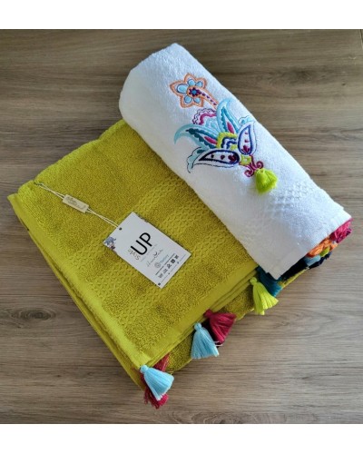 Ręczniki z haftem i pomponami Zestaw prezentowy Style Up Żółty Seledyn