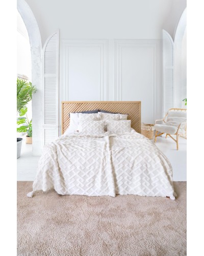 Stylowa Narzuta na łóżko 230x240 cm BOHO z 4 Poszewkami z frędzlami w kolorze Ecru